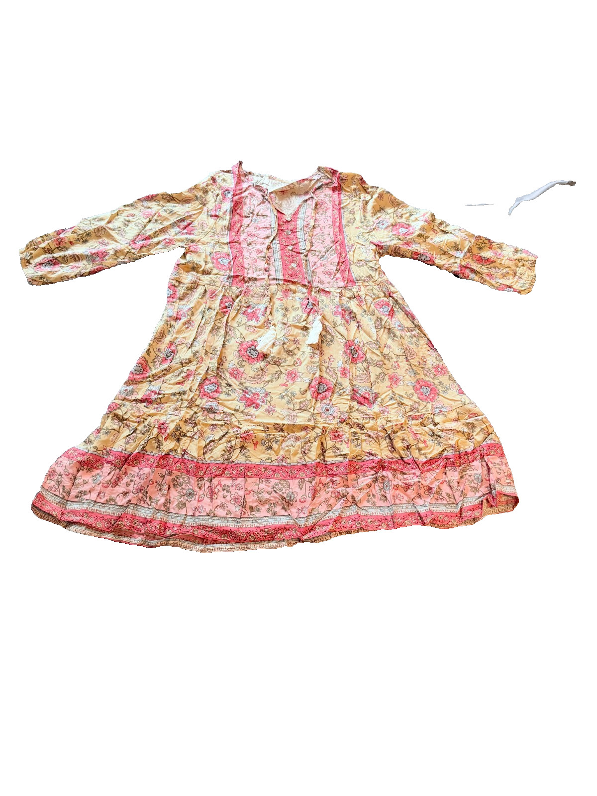 Women’s Lightweight Floral Boho Summer Dress Long Sleeve Tassel Tie Flowy – XL