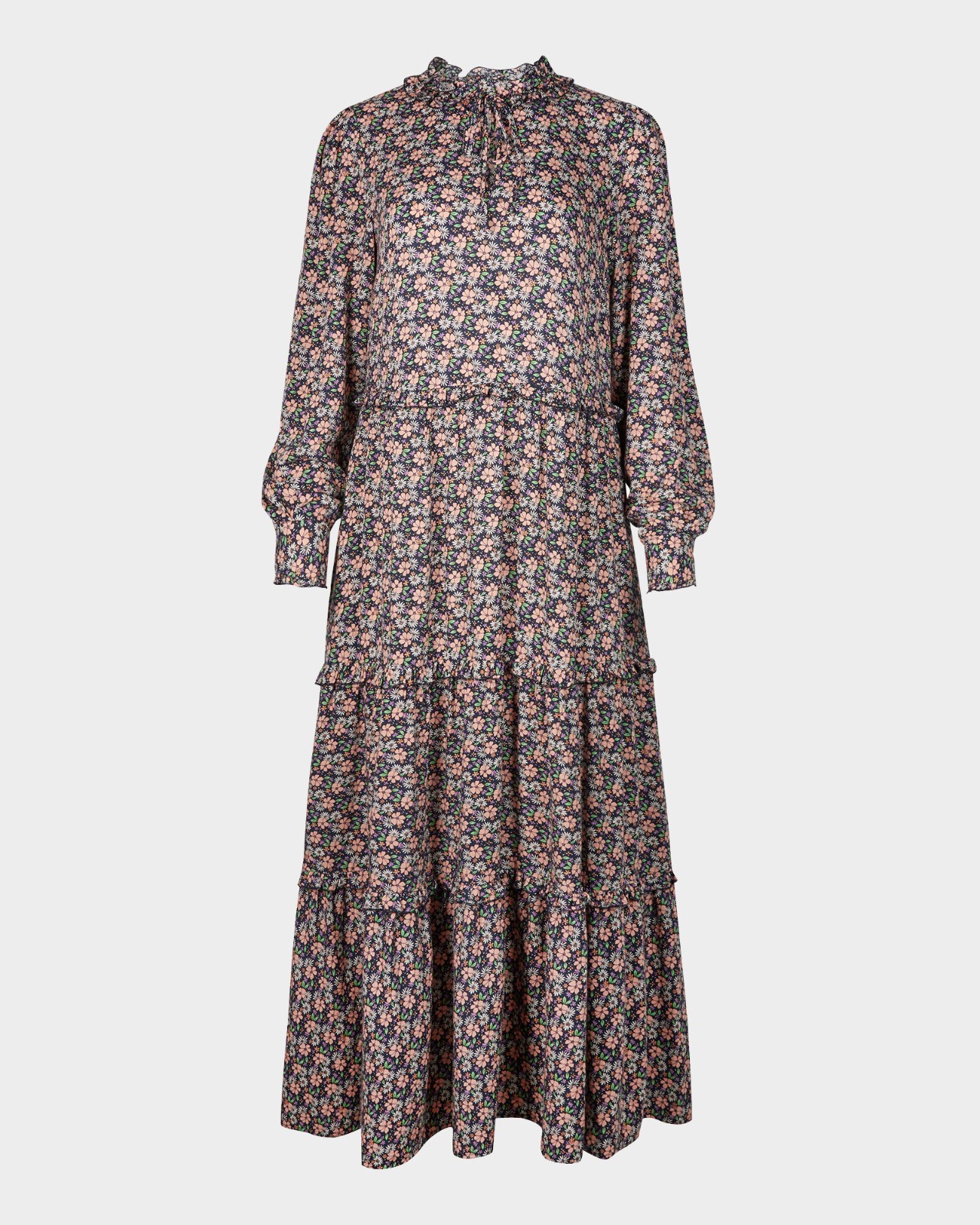 Oliver Bonas Maxi Dress Size 10 Floral Tiered Tie Neck Flared Boho Prairie