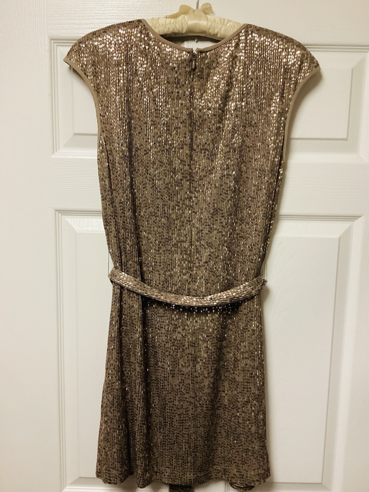 St John Couture Taupe Sequin Silk Belted Shift Dress Evening Sz 8 💛 LOW PRICE