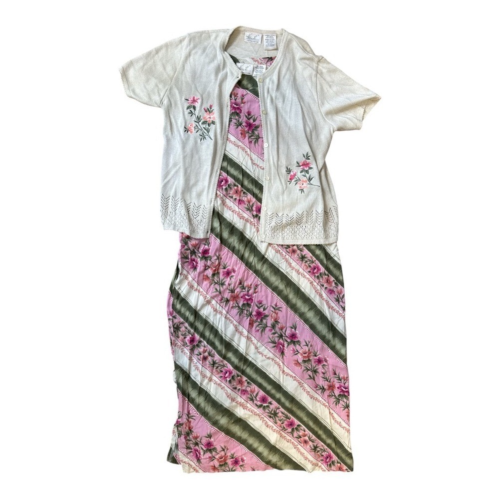 Floral Striped Pink and Green Maxi Dress with Embroidered Cream Cardigan