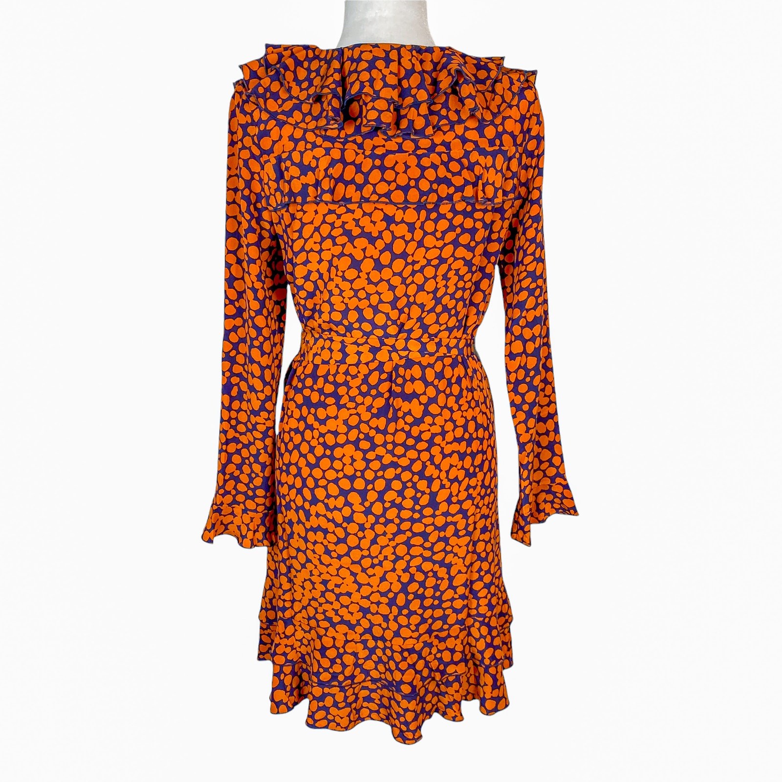 Anine Bing Paloma 100% Silk Spotted Print Ruffle Dress Harvest Navy Size XS
