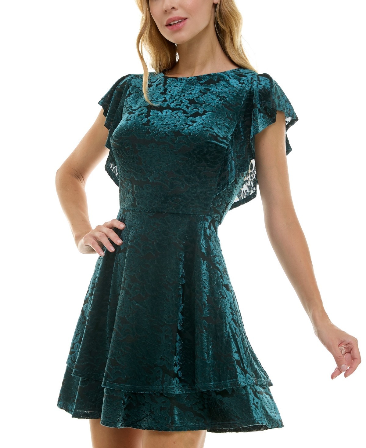 Crystal Doll Juniors’ Burnout Velvet Flutter-Sleeve Dress MSRP $59