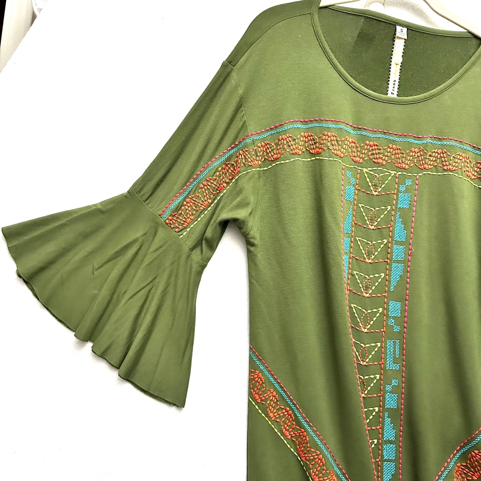 Uncle Frank Embroidered Bell Sleeve Boho Knit Dress S Small Olive Green