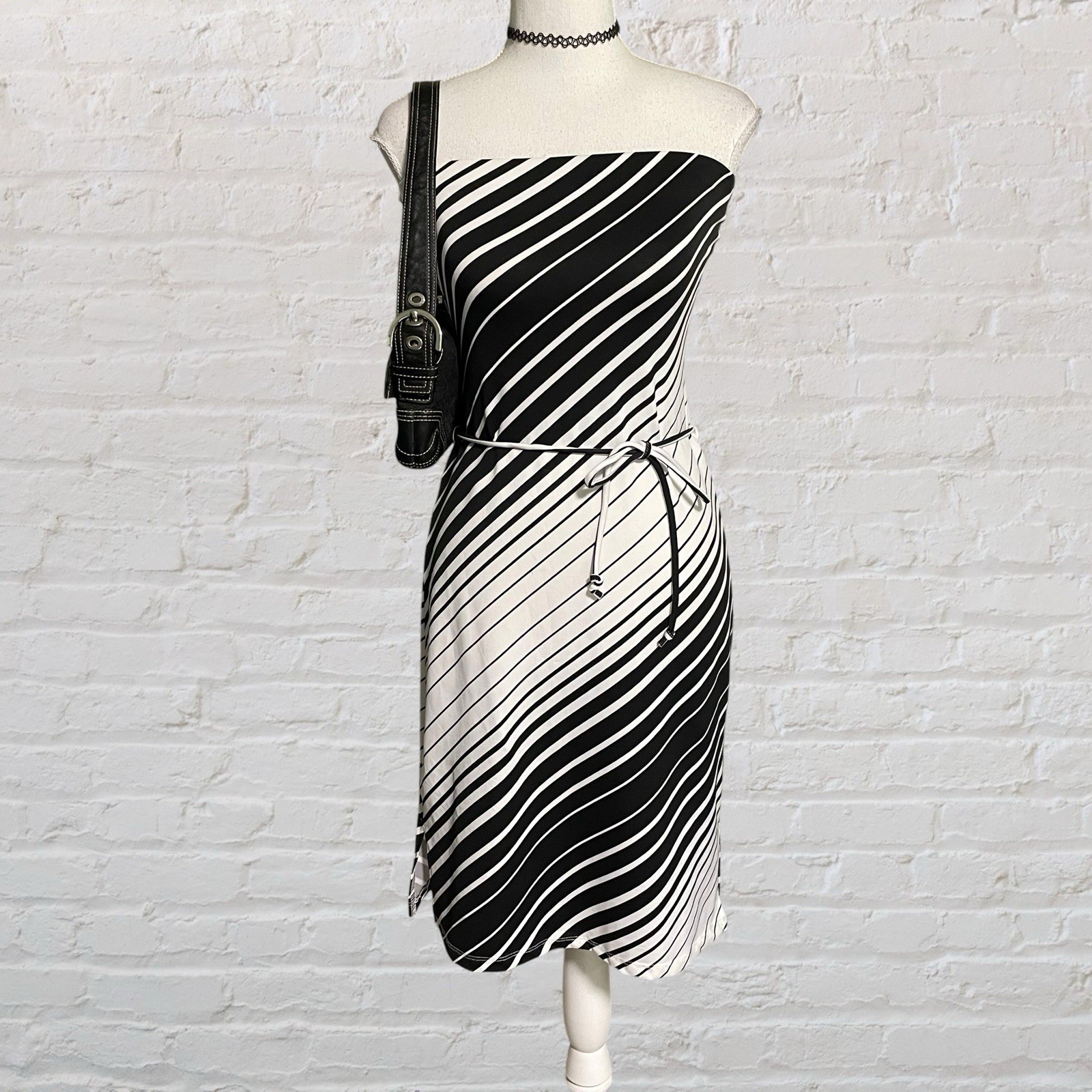 vintage y2k op-art black white diagonal stripe glam strapless dress S/M party