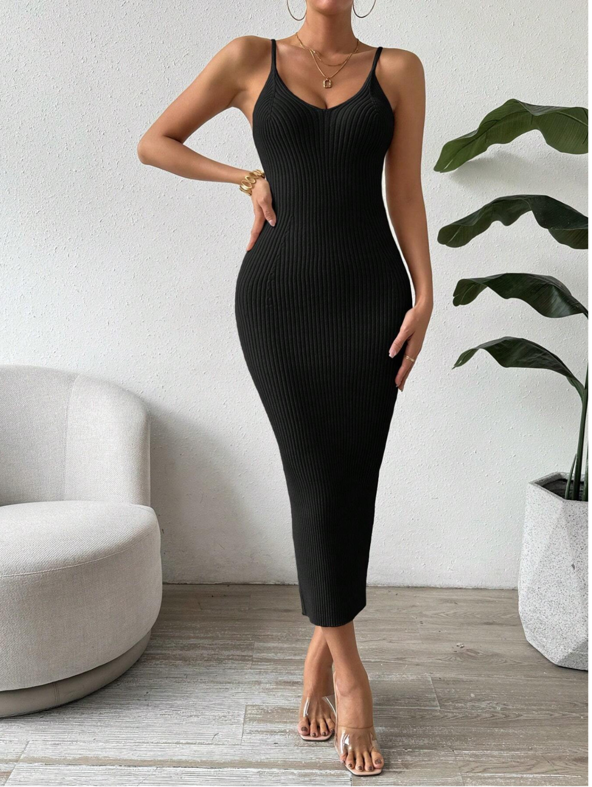 Black Clasi Casual Solid Color Slim Fit Knit Tank Dress Sz XS S M L