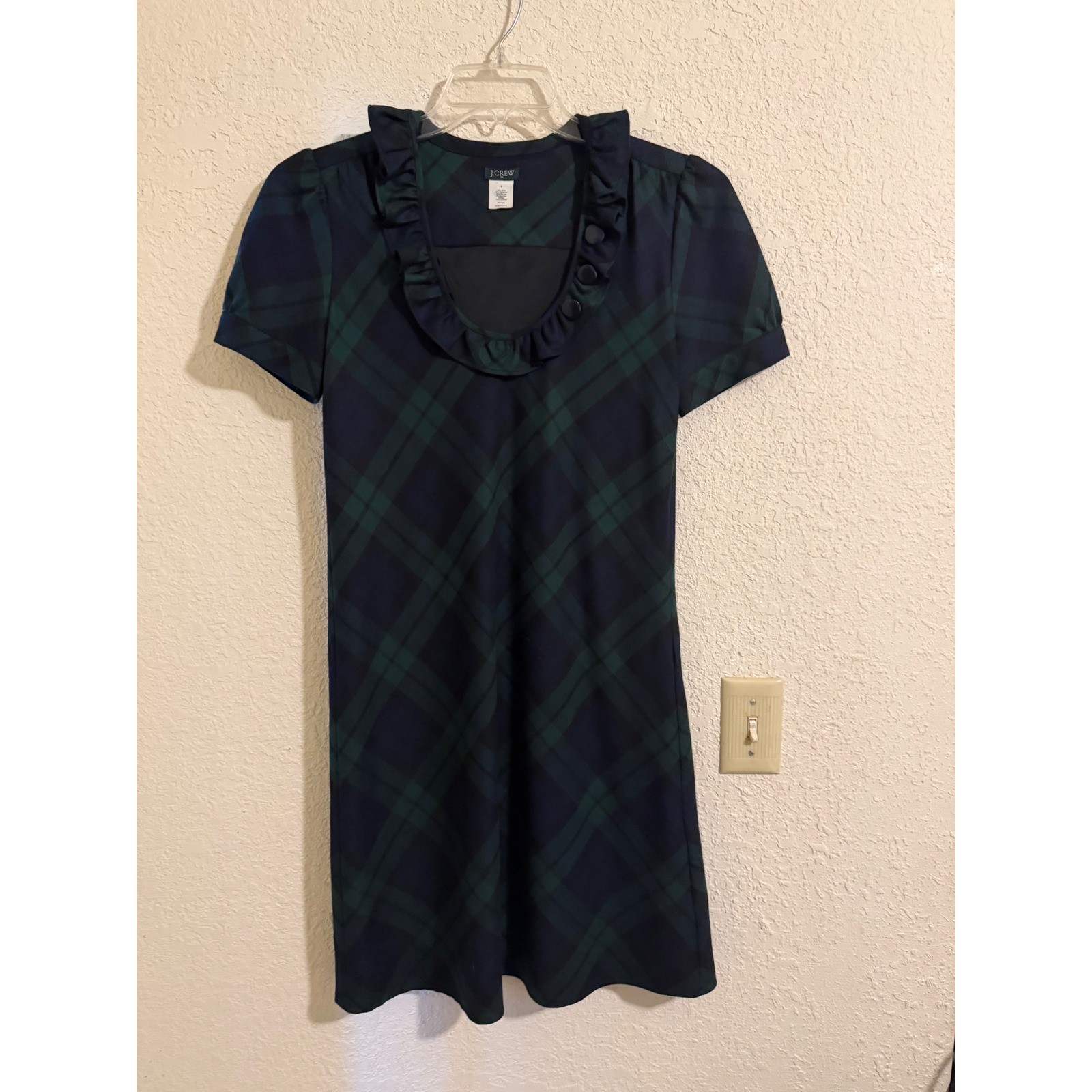 J.Crew Black Watch Plaid Wool Blend Ruffle Neck Shift Dress Blue Green 4