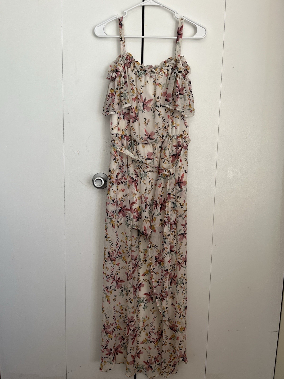 Lily Rose Floral High Low Romper Women M Cream Pink Adjustable Straps Belted