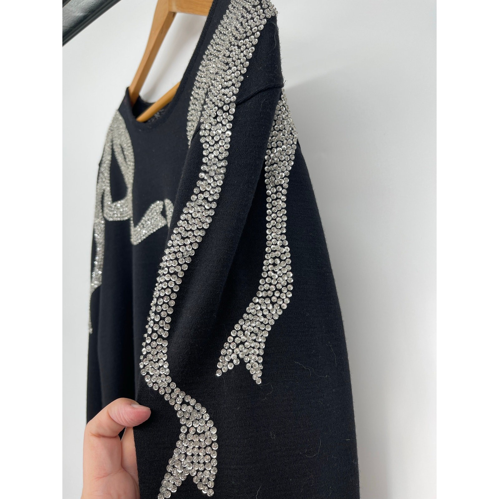 VTG Adrienne Vittadini Wool Beaded Bow Dress Black Long Sleeve 80s Sz 14 Evening