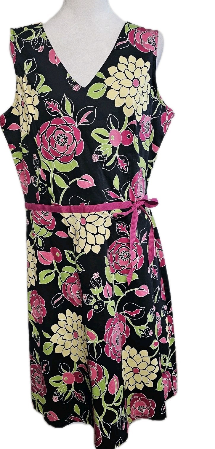 Elementz Size L Black/pink Floral Dress Sleevless Pink Belt V Neck Zipper Back
