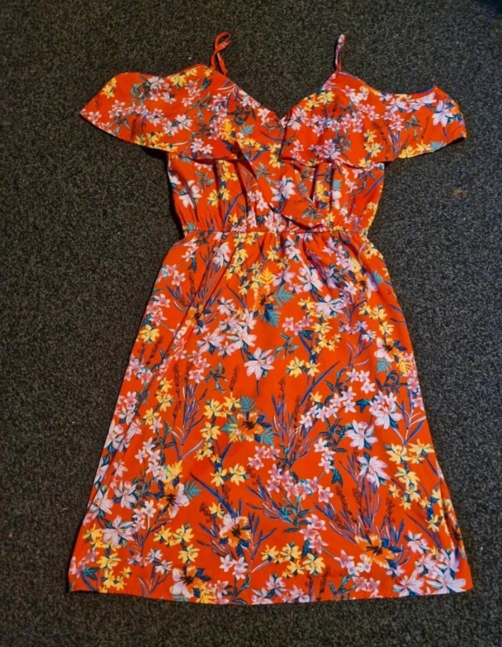 Bold Boho Tropical Ruffle Dress 🌺 Cold Shoulder Bright Floral (UK 8/10)