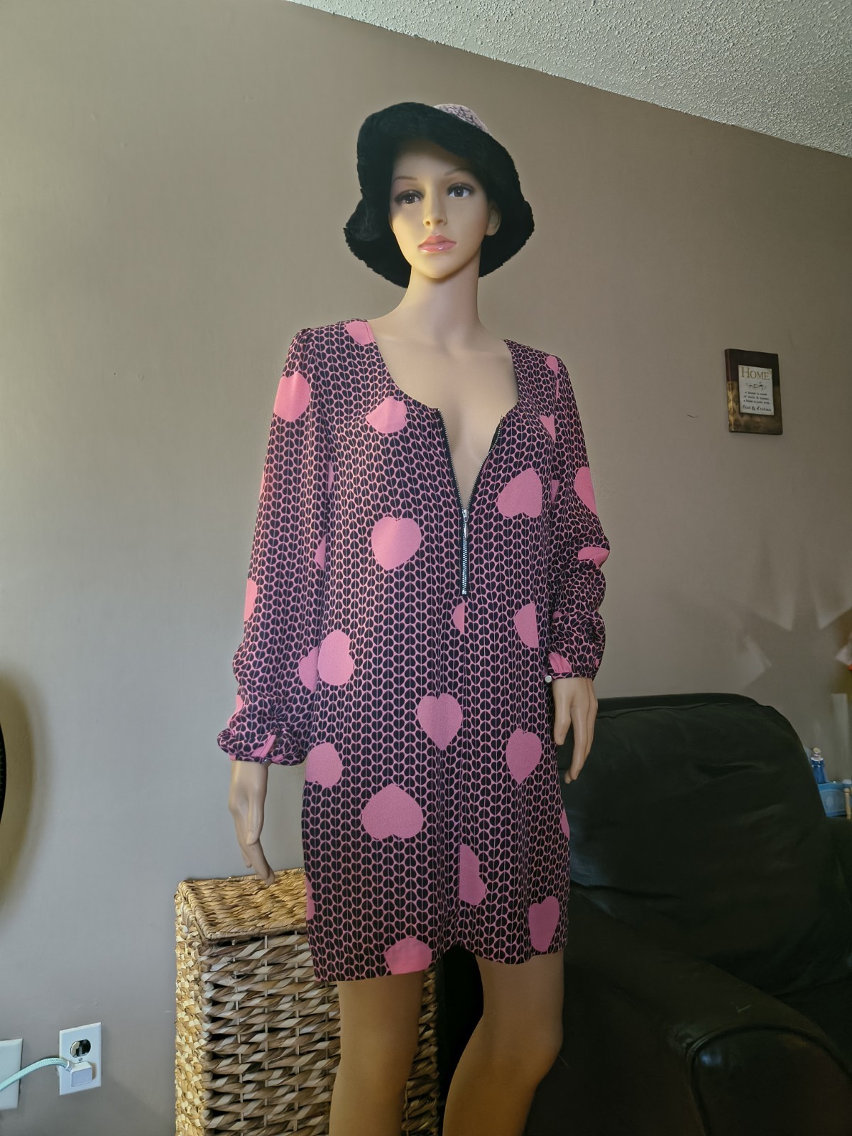 Sportsgirl Women’s Small Pink Black Heart Print Long Sleeve Zip Front Mini Dress