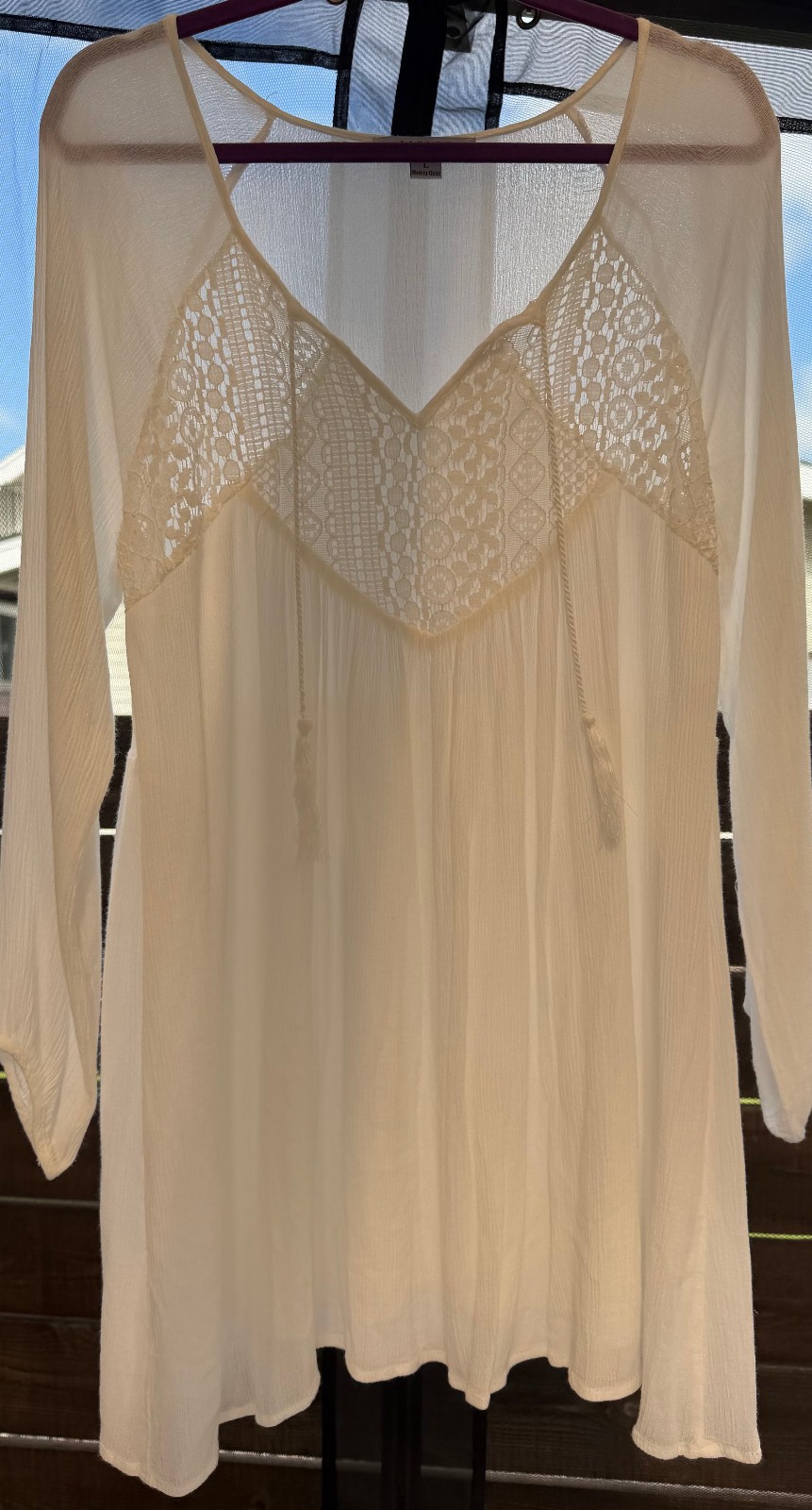 Favlux Fashion white BoHo lace detail swing dress long sleeve flowy size Large