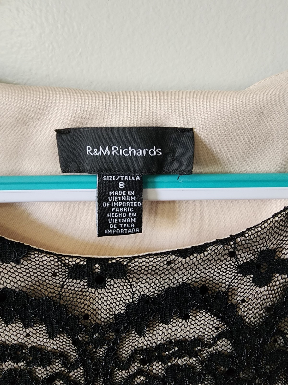 R&M Richards Black Lace Overlay Cocktail Dress Size 8 Sheer Sleeve Sequin Party