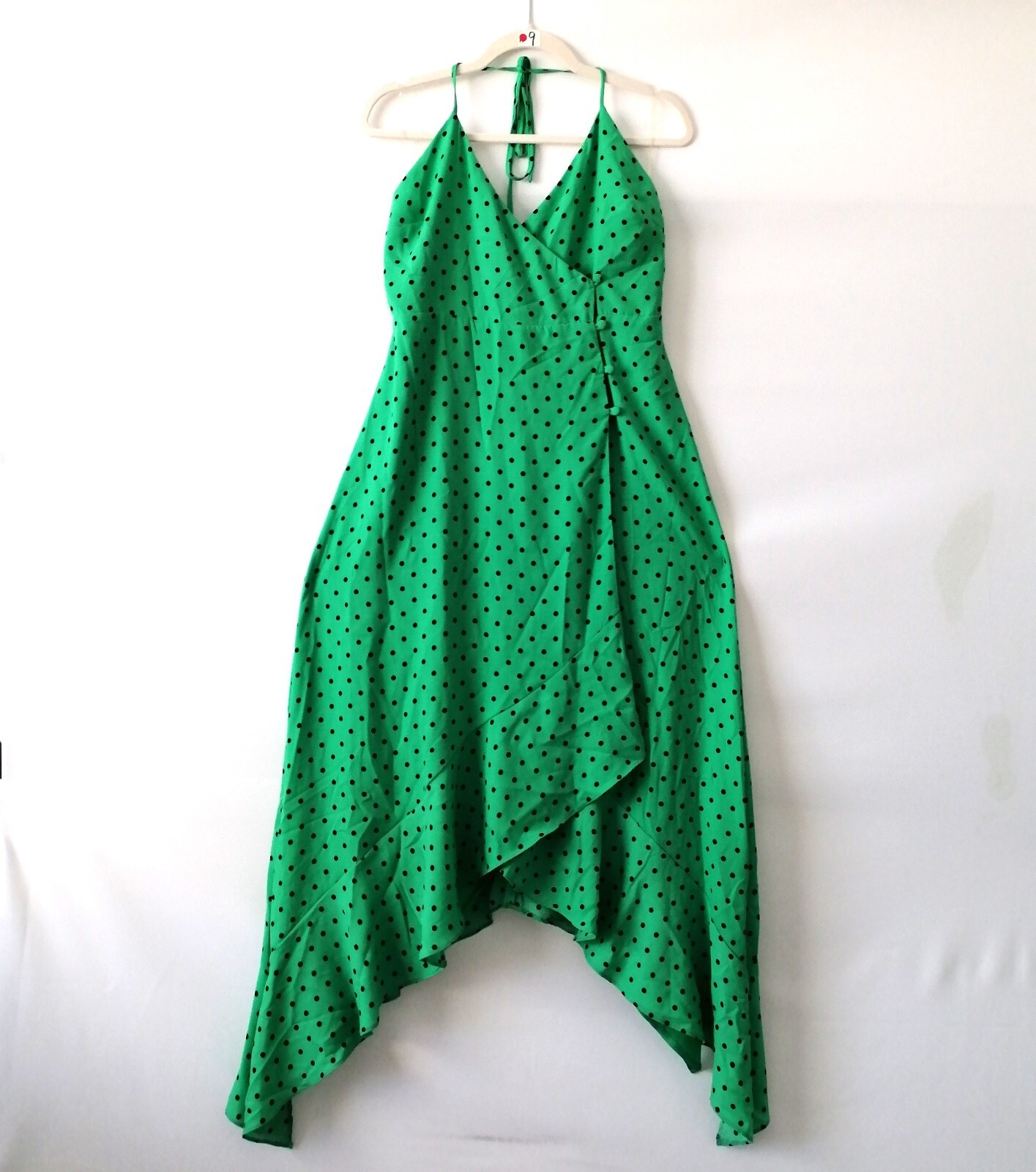 Gianni Bini Green V-Neck Polka Dot Asymmetrical Hem Halter Strap Wrap Dress L