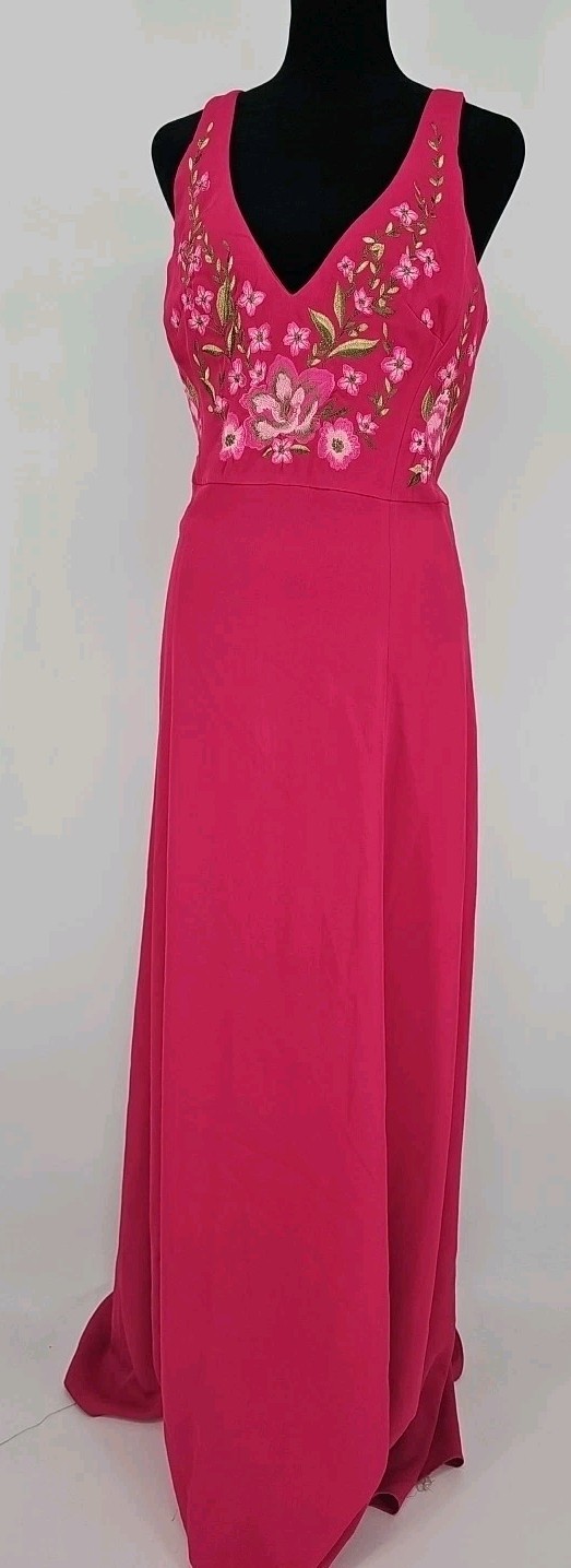 Marchesa Notte Gown 4 Pink Floral & Bird Embroidered Racer Back Evening Maxi
