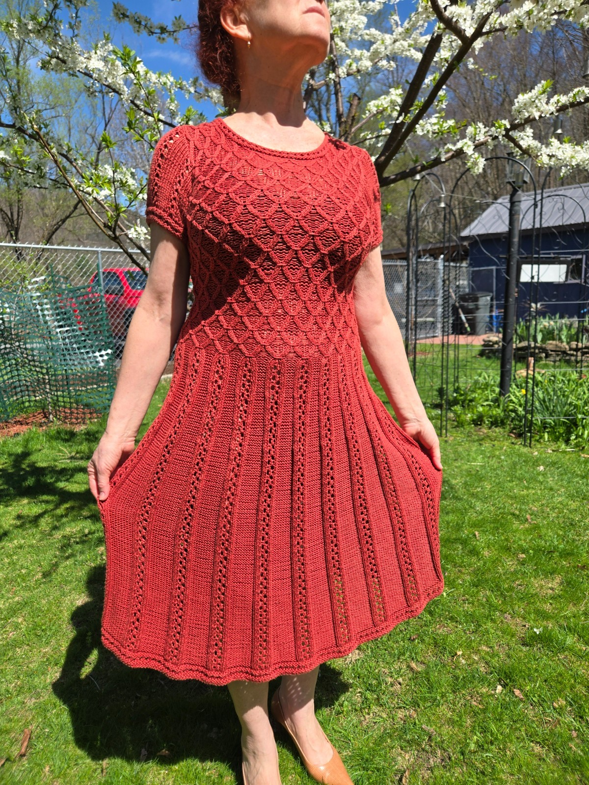 UNIQUE HAND MADE KNITTED COTTON SUMMER DRESS S/M IN TERRACOTTA FOR ANY OCCASION