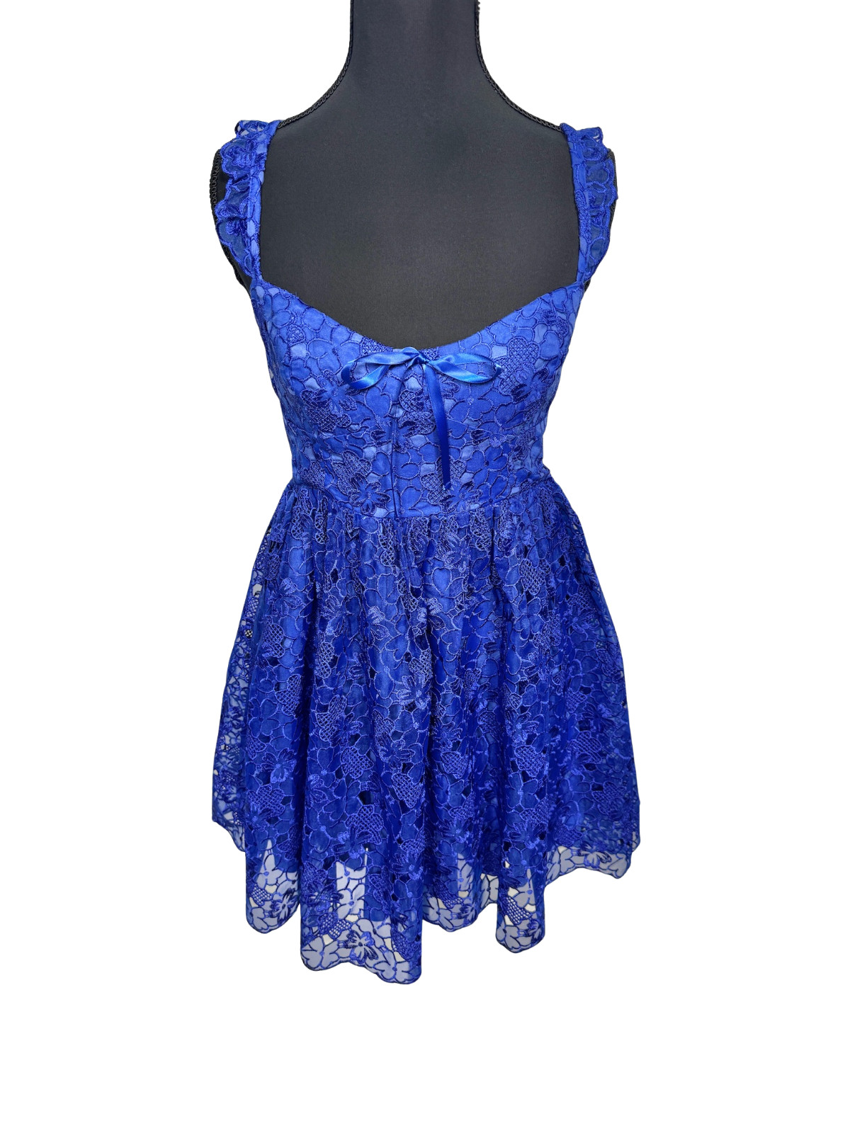 Anthropologie Ruffle-Strap Corset Lace Mini Dress XL Blue Bow Sweetheart NWT