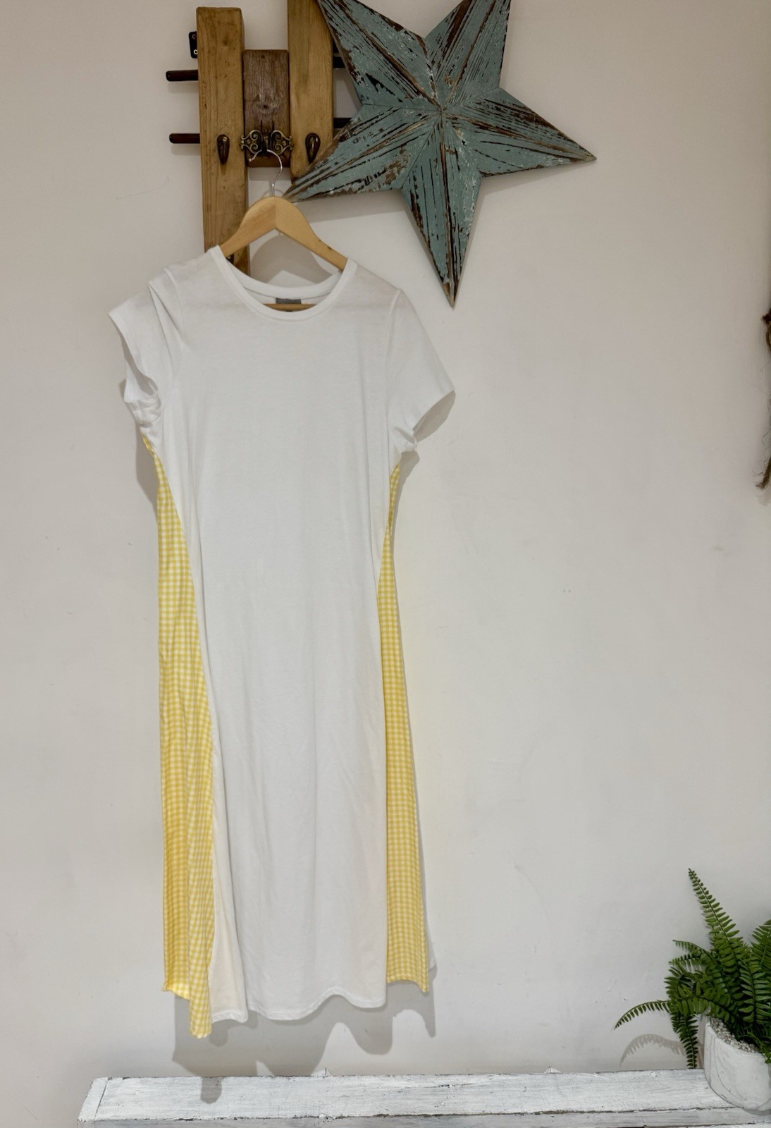 Oliver Bonas White & Yellow Gingham Checked Insert T-shirt Midi Dress Size 12