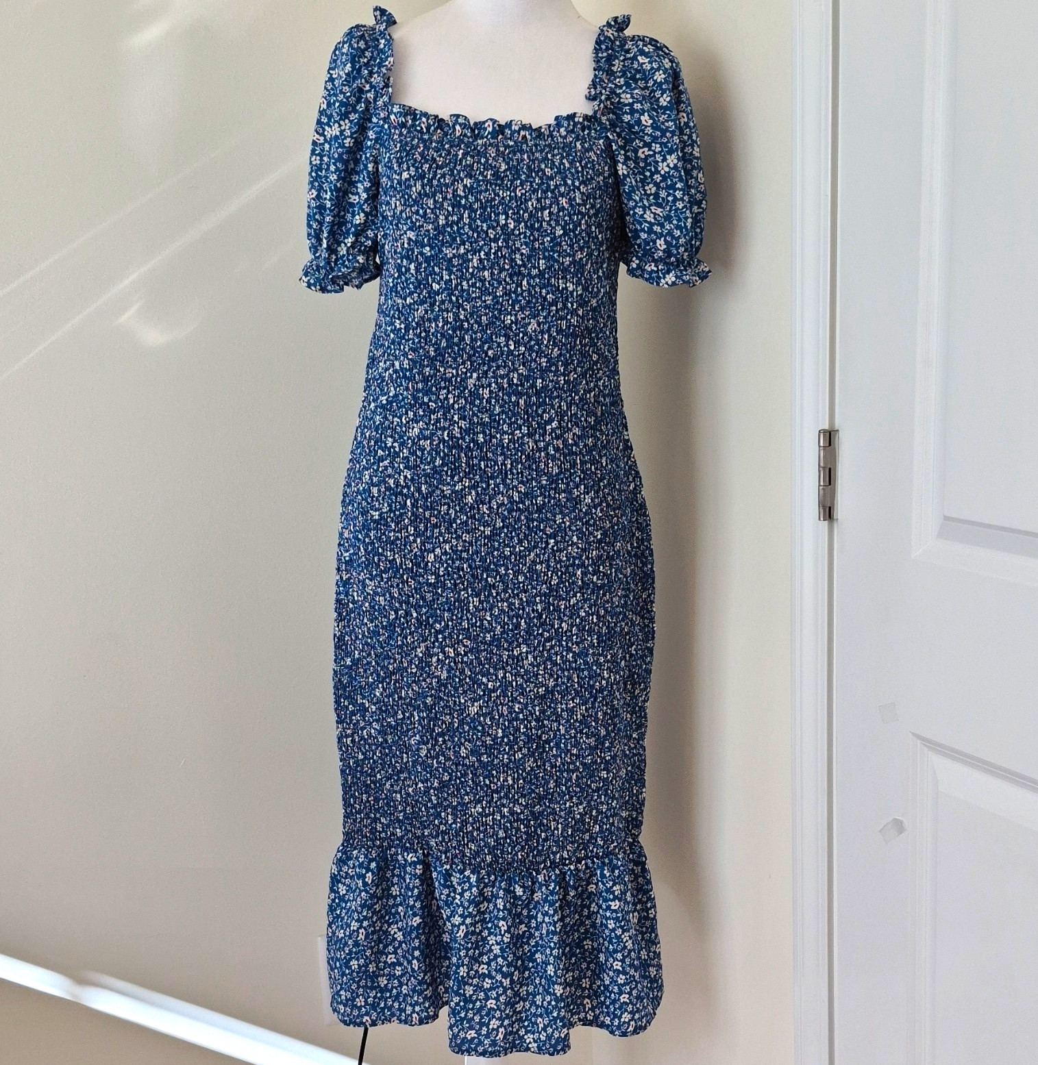 Prettygarden Women’s Midi Dress Size L Blue/White/Red Floral Square Neck Puff