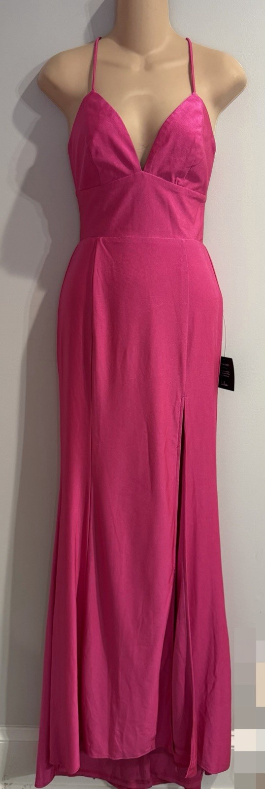 LULUS Divine Desires Hot Pink Satin Lace Up Back Mermaid Maxi Dress size S NWT