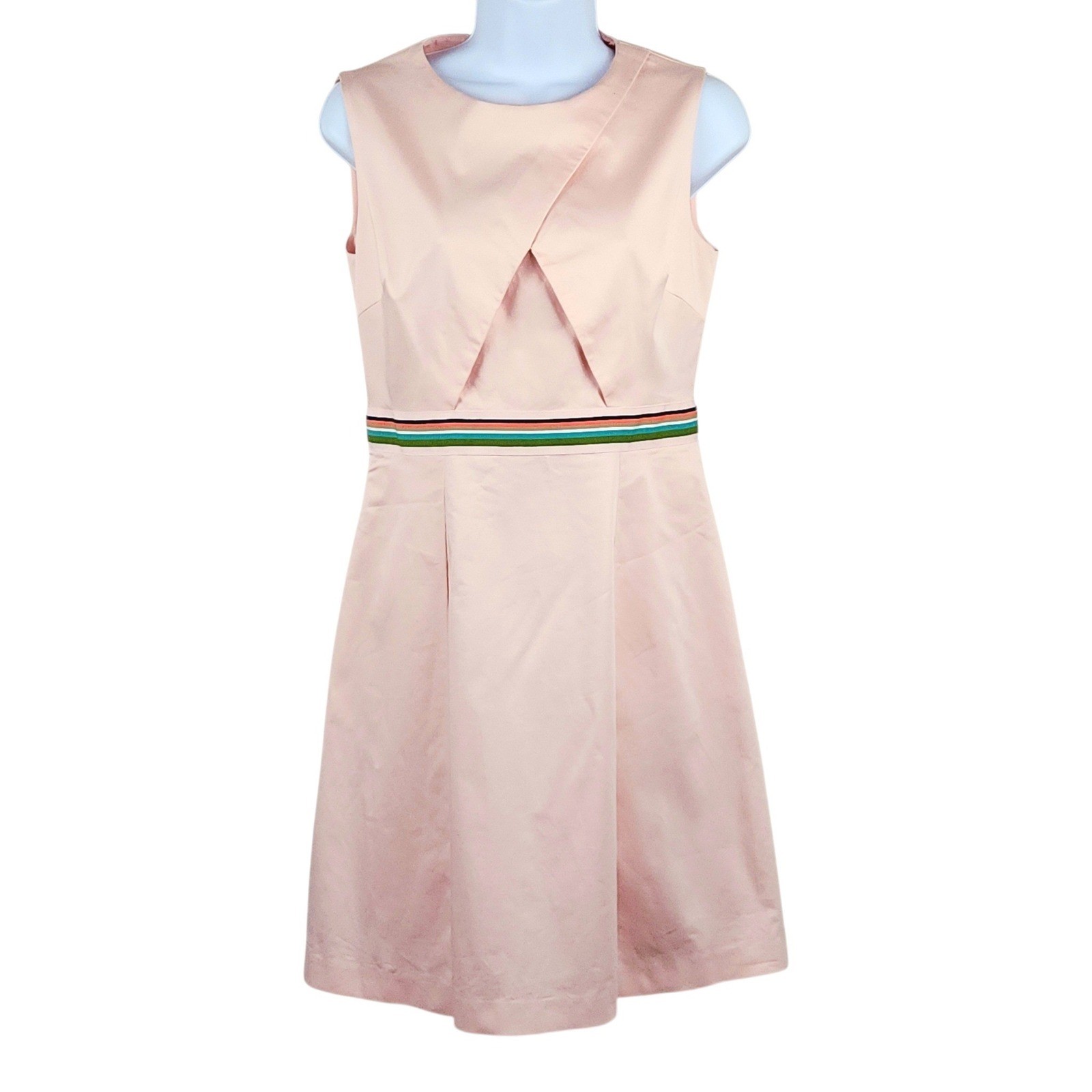 Ted Baker Dress Size 2 Pink Sleeveless Striped Waist Pleated A-Line Mini Chic