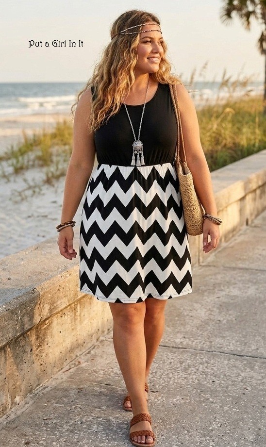 USA Boho Women’s Plus Size Black White Chevron Sleeveless Tank Dress 1X 2X 3X