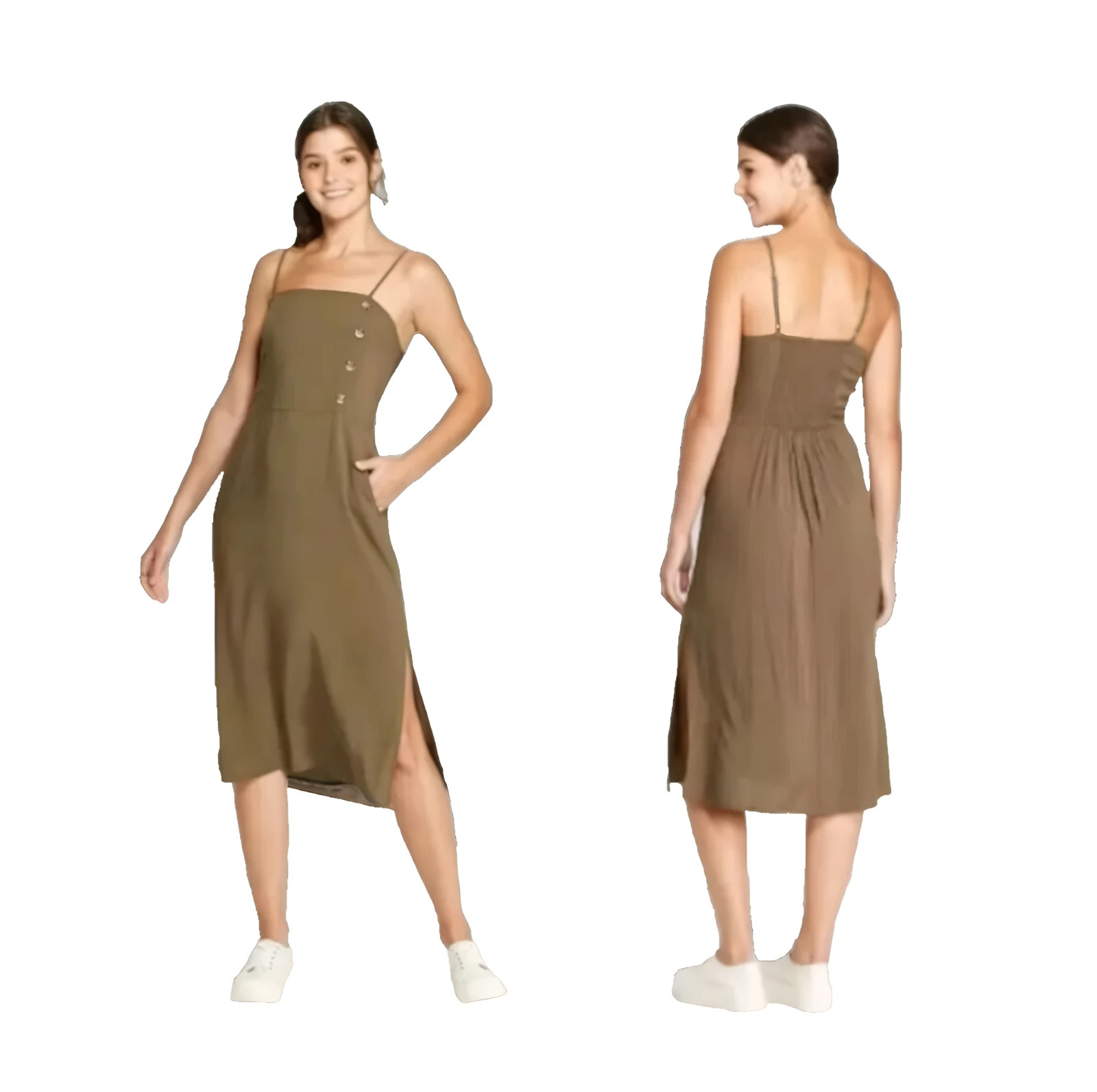xhilaration womens sundress XL solid olive green 100% rayon spaghetti strap midi
