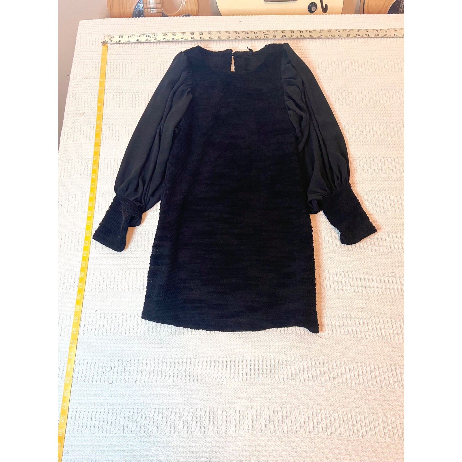 MinkPink Black Textured Knit Mini Dress Sheer Bishop Sleeve Smocked Cuff Small