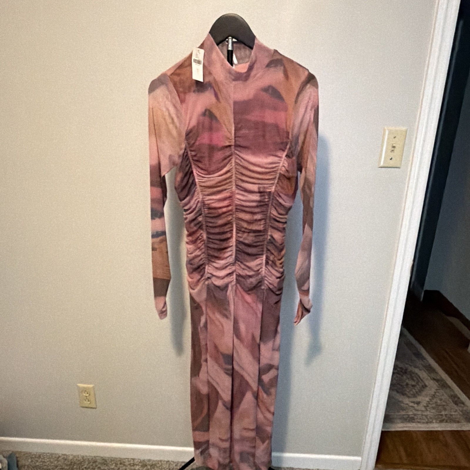 Anthropologie Women’s Abstract Mesh Ruched Mock Neck Dress S Pink Rose
