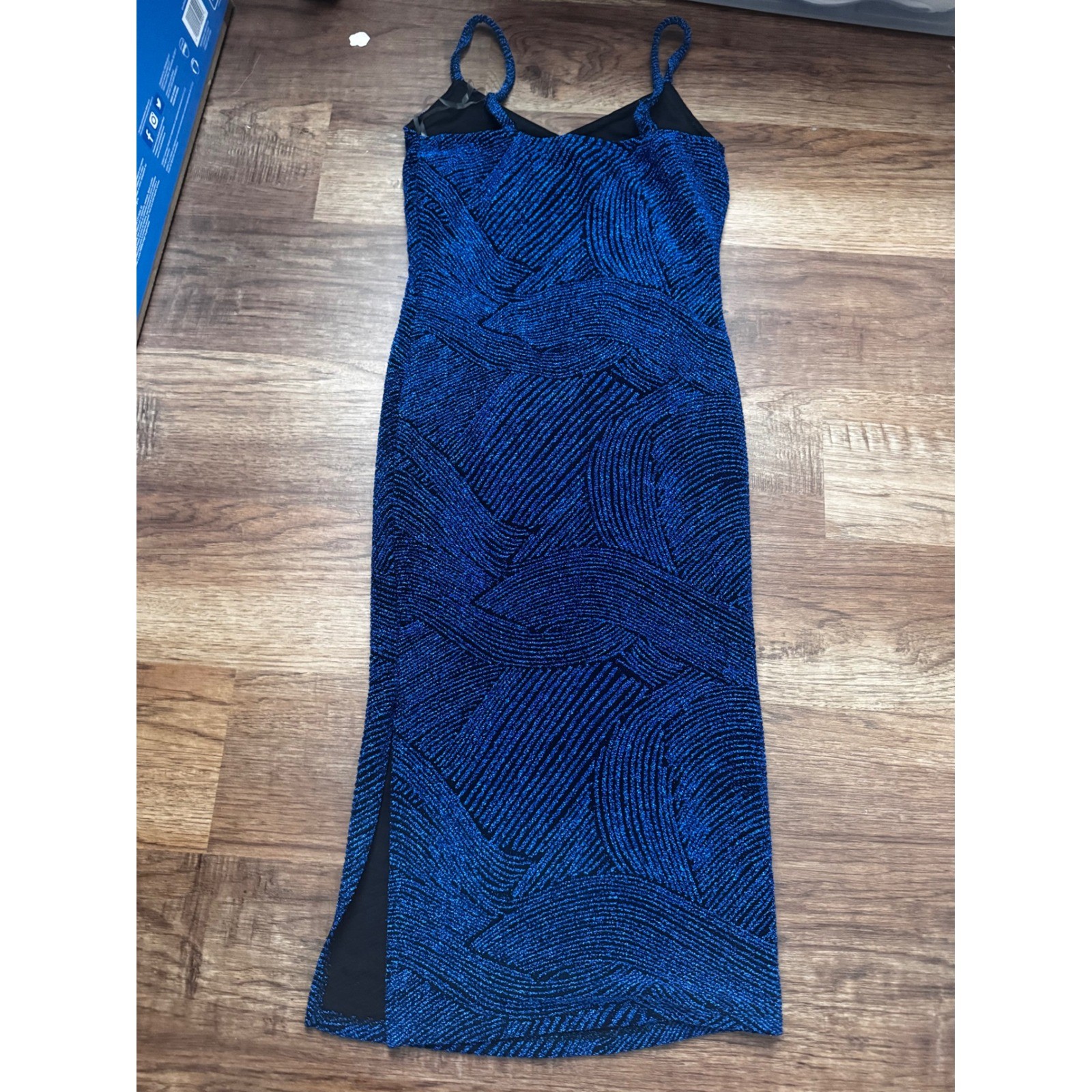 Almost Famous Blue Black Glitter Swirl Bodycon Midi Dress Spaghetti Strap Slit