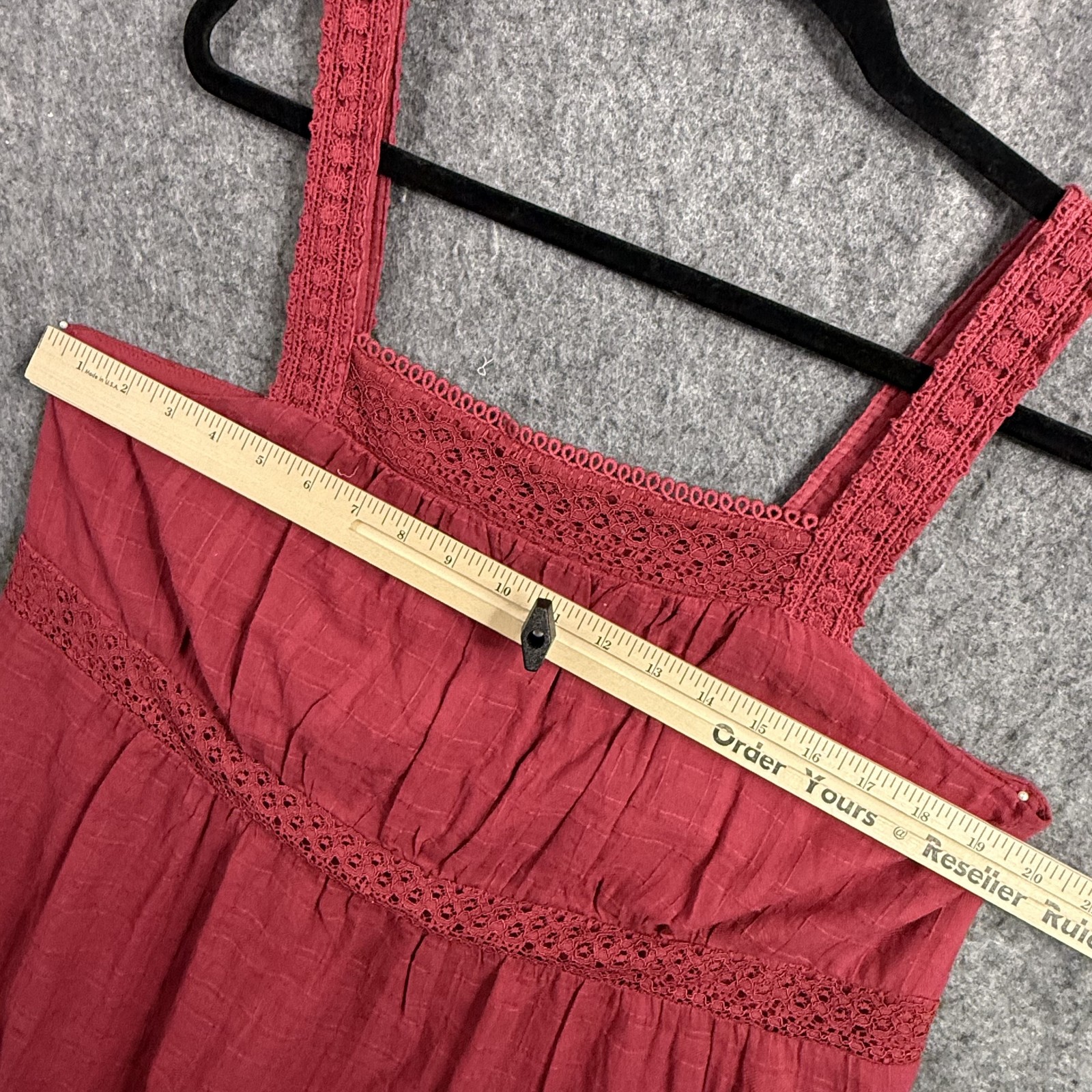 Knox Rose Women’s Rust Red Cotton Blend Crochet Lace Trim Ruffle Hem Mini Dress