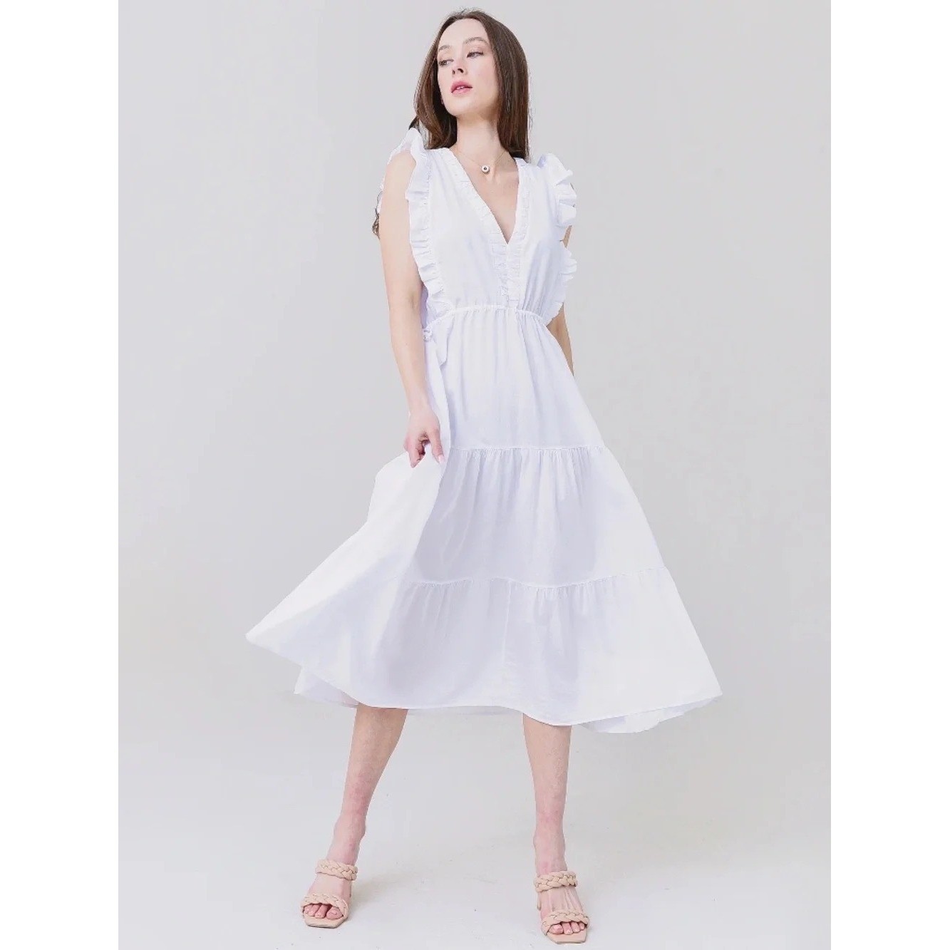 NWT STARK X White Cotton Ruffle Tiered Midi Dress | Size Small