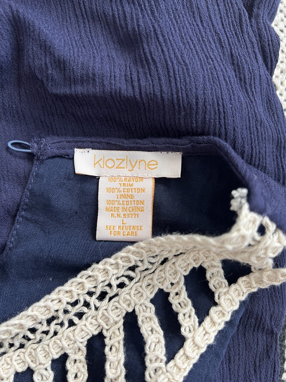 Klozlyne Cream Crochet Navy Blue Crinkle Sleeveless Boho Coastal Dress Sz L