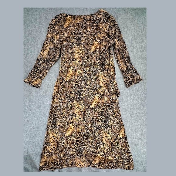 Vintage Marisol Midi Dress Large 96% Acetate 4% Spandex Tan & Black Low V-Neck.