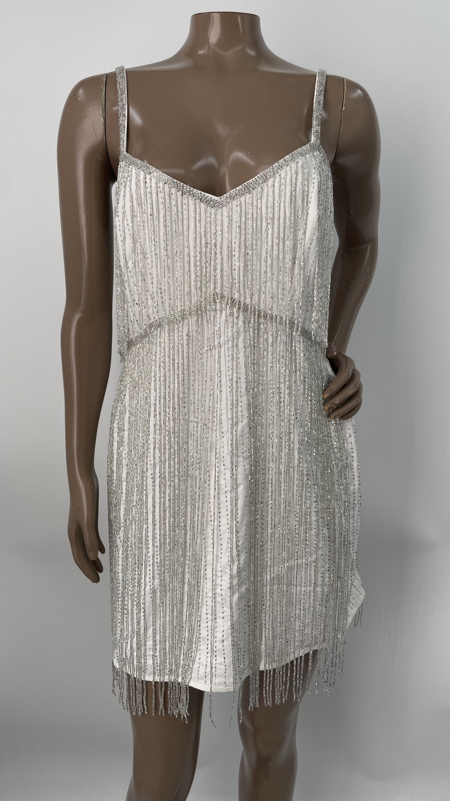 BHLDN Womens Mini Dress Ivory Size S Rhinestone Fringe V-Neck Polyester Side Zip
