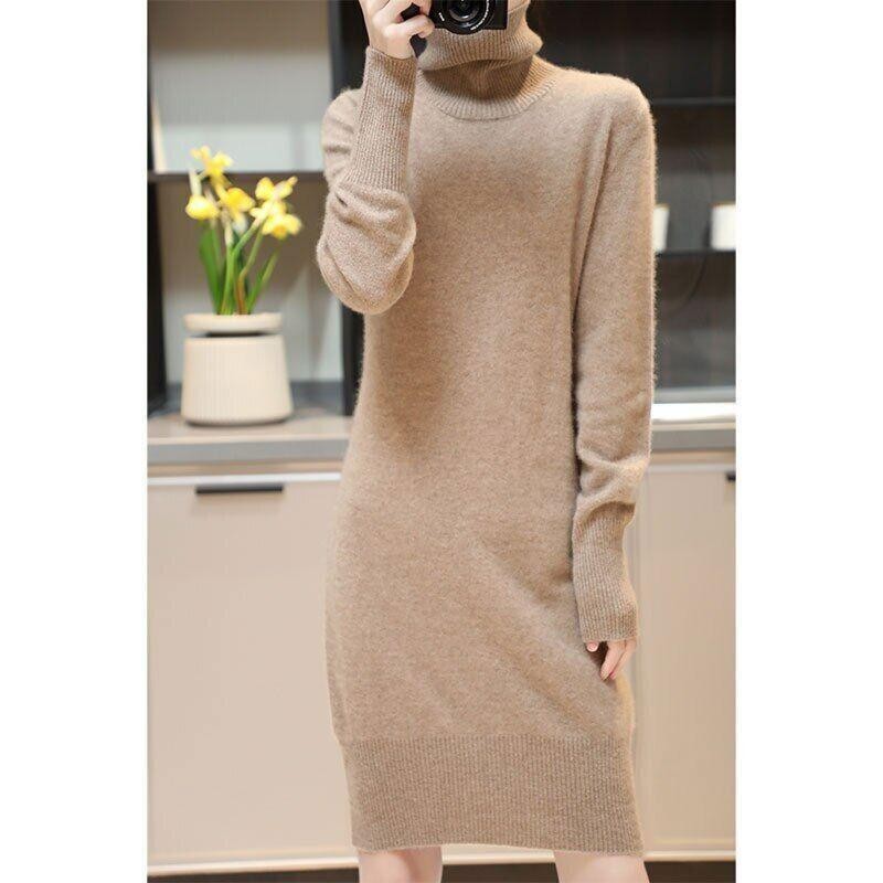 Knitted Cashmere Sweater Women Wool Turtleneck Long-Sleeve Slim Mid Length Dress