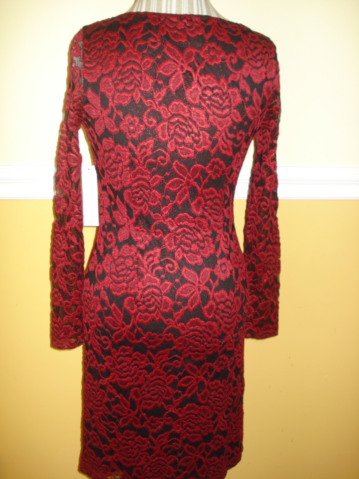 Eliza J Lace Long Sleeves Red/Black Cocktail Sheath Dress Sz 4,6,8,10,12,14,16