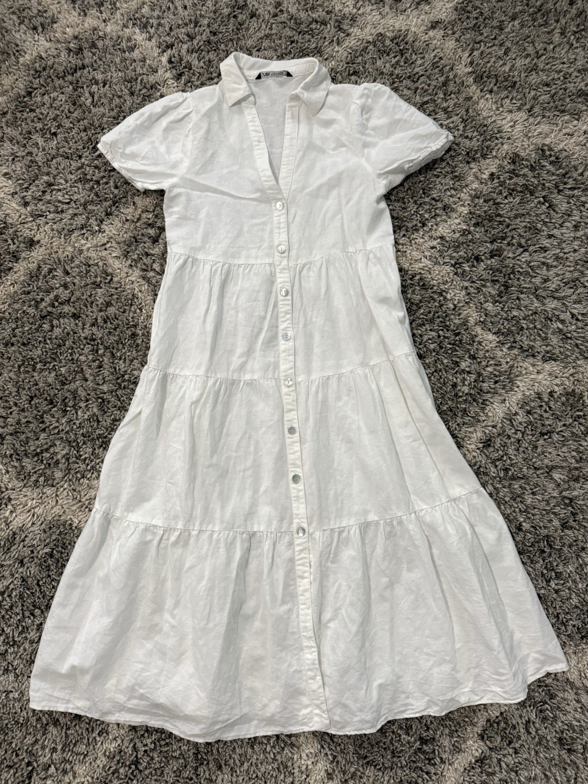 Zara Women’s Linen Cotton Blend Short Sleeves Tiered Midi Dress White Size M