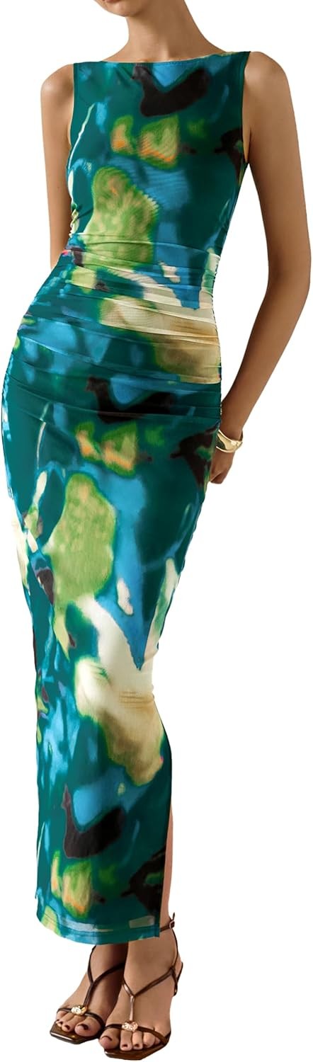 Womens Summer Floral Mesh Maxi Dress Bodycon Ruched Side Slit Party Cocktail New