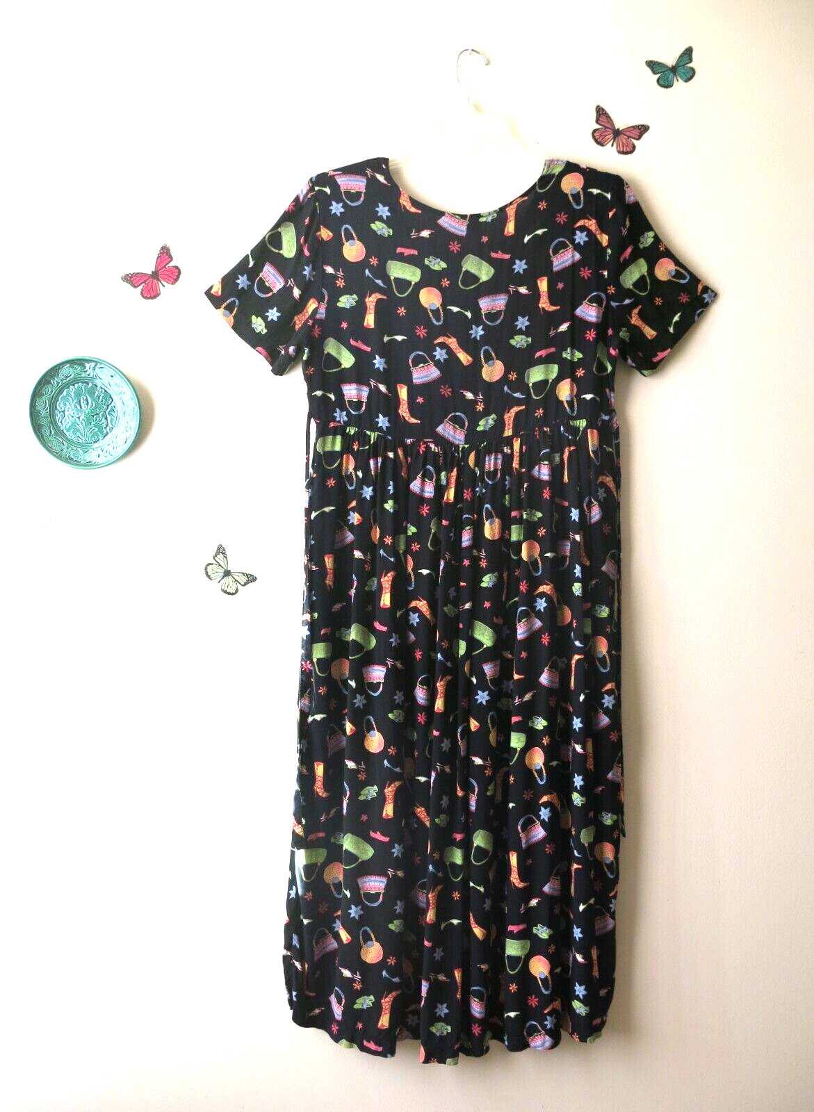 Vintage Coldwater Creek Rayon Black Shoe Purse Floral Print Jumper Dress Size PL