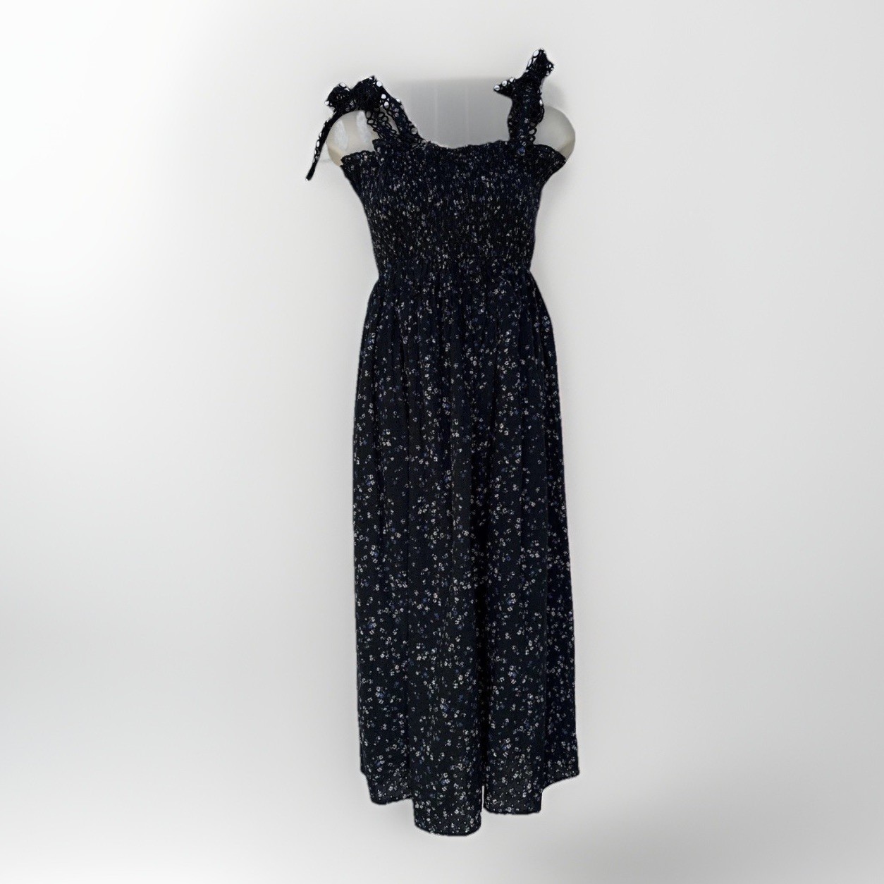 Anthropologie Maia Bergman Simone Smocked Black Floral Eyelet Midi Dress Size S