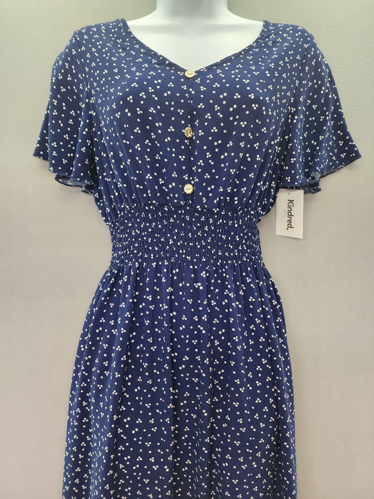 Anthropologie Kindred PM Navy Dress Polka Dot Smocked Ruffle Golden Buttons