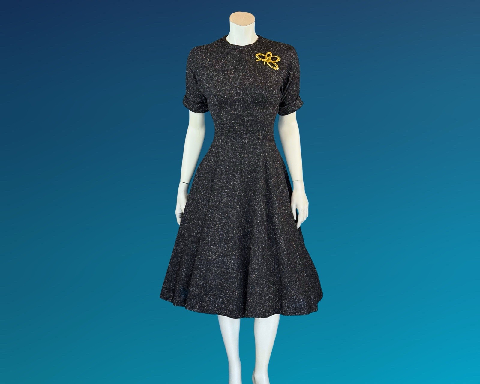 Vintage 50s 60s Fit & Flare Black Wool Tweed Full Skirt Dress / XS