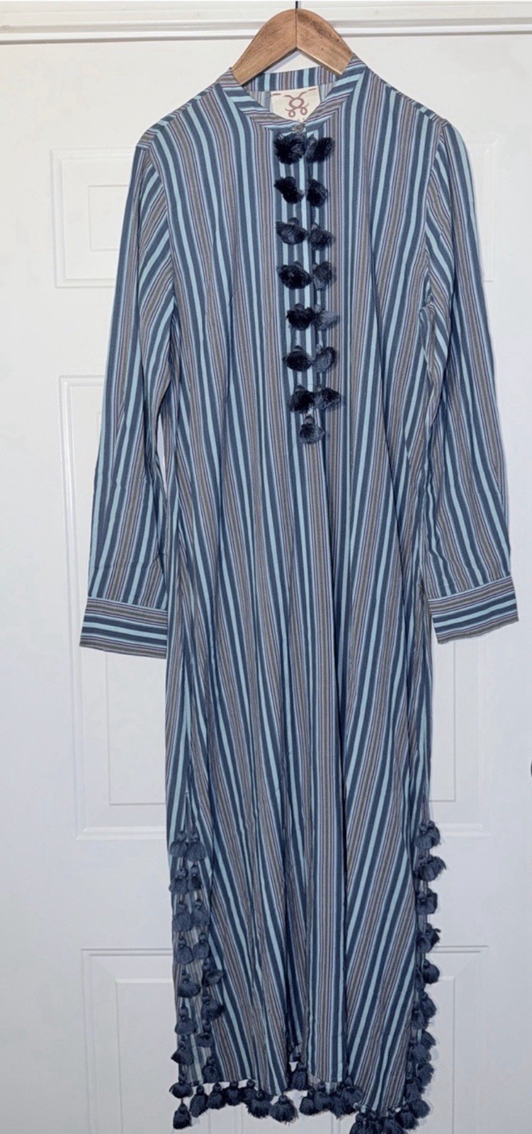 FIGUE Blue Striped Caftan Maxi Dress S-L Luxury Boho Tassel Resortwear Lagenlook