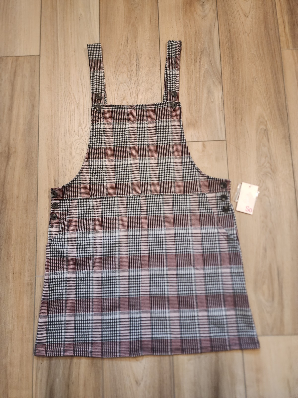 SO Juniors Button-Strap Pinafore Mini Dress Pink Black Plaid Size L