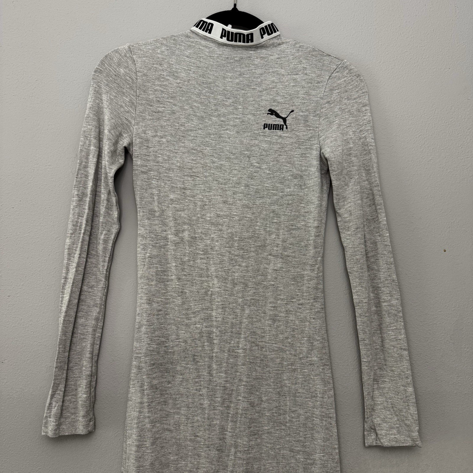 PUMA Classics Open Back Bodycon Maxi Dress Gray Mock Neck Long Sleeve Slit Small
