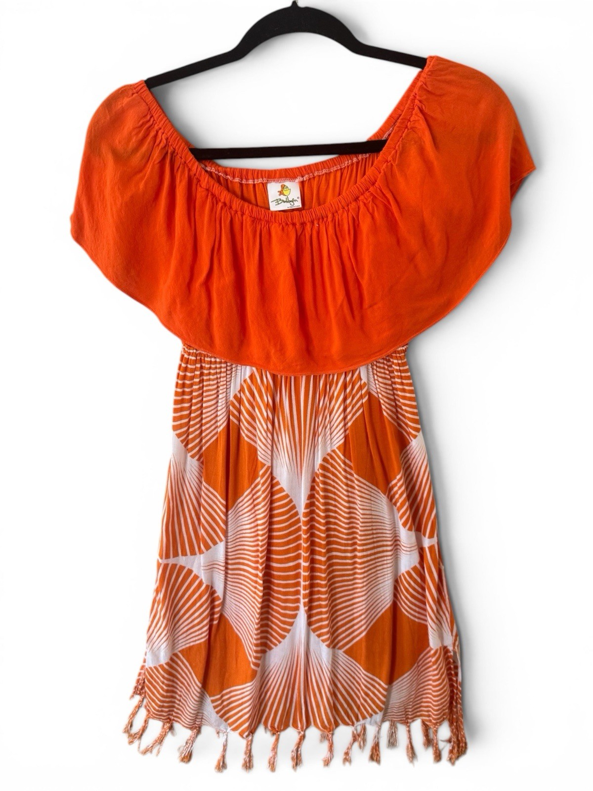 Baldizon Blanca Estela Orange Rayon Off Shoulder Dress Tassel Hem El Salvador