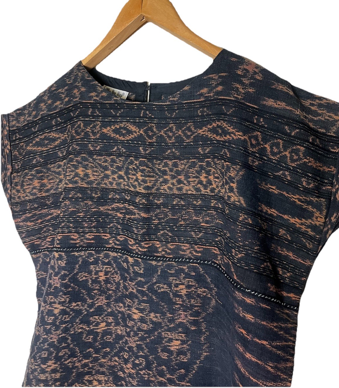 We Be Bop Textured Cotton Shift Midi Dress Black Brown Tribal Print Cap Sleeve