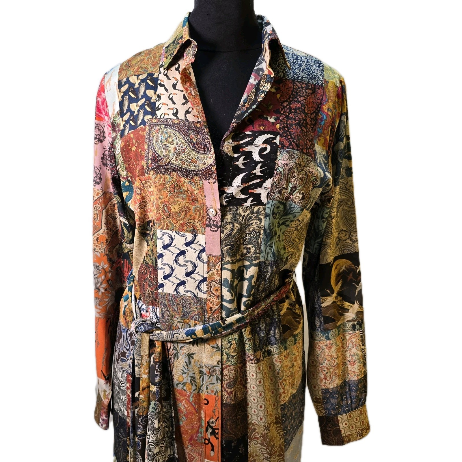Unbreak.it Patchwork Silk Button Up Shirt Dress Small Tied Wild Animal Print