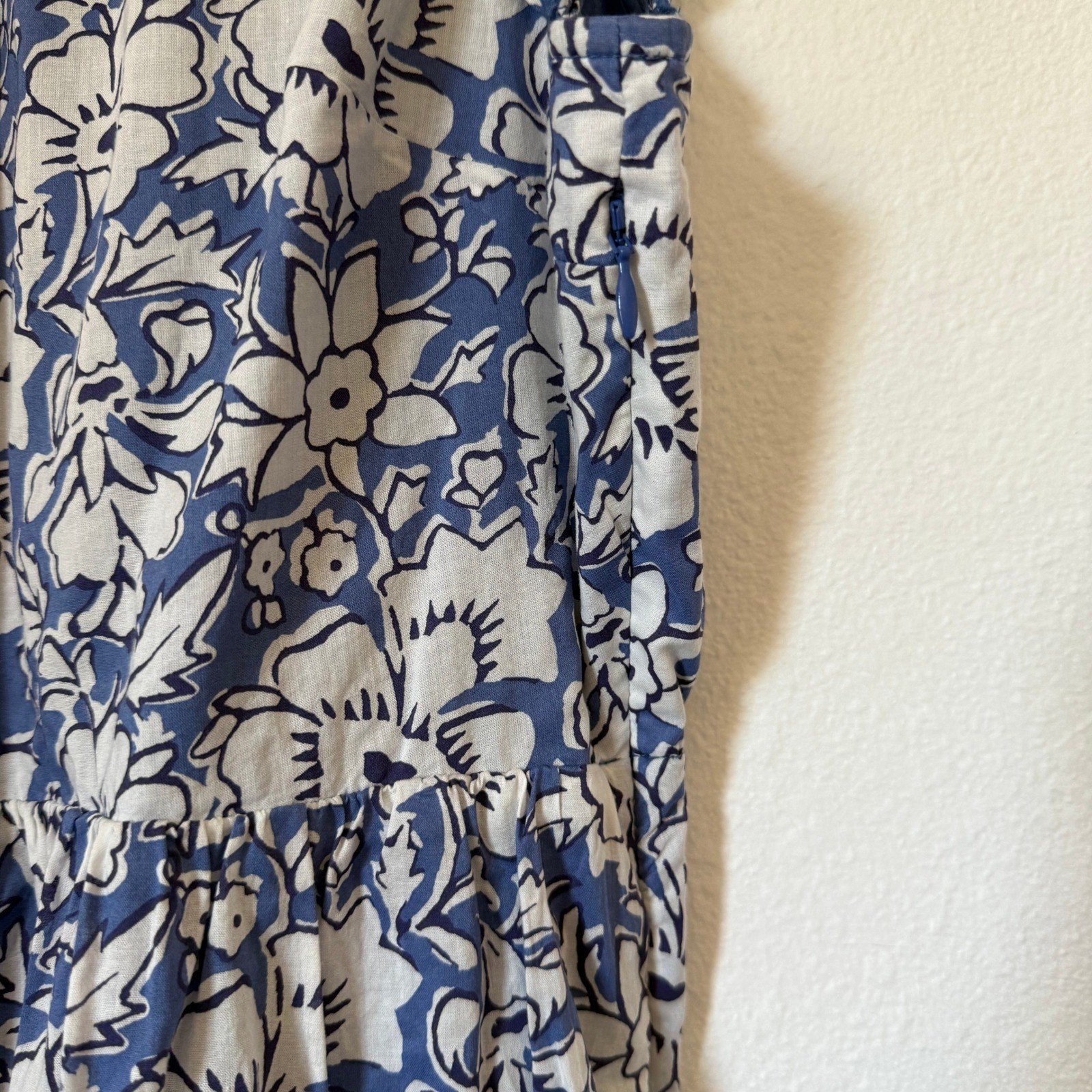 J.Crew Blue Floral Block Print Ruffle Tiered Midi Dress Pockets CA214 Sz 12 NWT